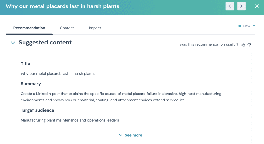 An individual recommendation's suggested content panel with a title, summary, and target audience